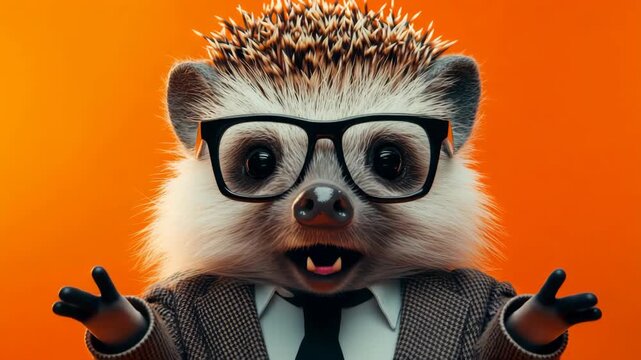 A stylish hedgehog in a suit, wearing glasses and a tie, on a vibrant orange background.
