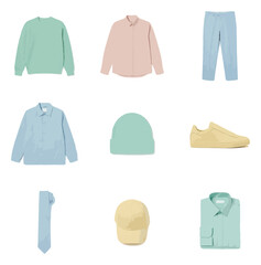 Assortment of stylish apparel items isolated on black background