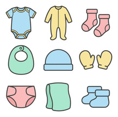 Baby clothing and accessories vector illustration set