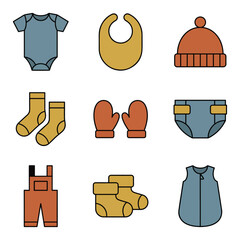 Baby clothing and accessories icon set on black background