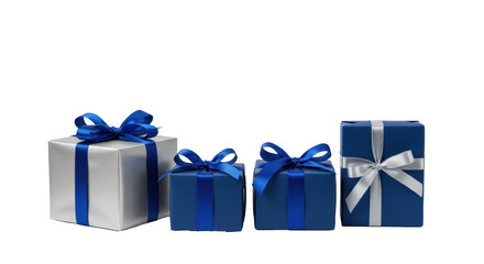 Obraz premium Four gift boxes, two silver with blue satin ribbons, two navy blue with silver satin ribbons, on a transparent studio background, exuding festive anticipation and luxury