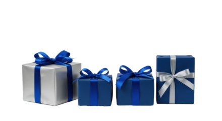 Four gift boxes, two silver with blue satin ribbons, two navy blue with silver satin ribbons, on a transparent studio background, exuding festive anticipation and luxury