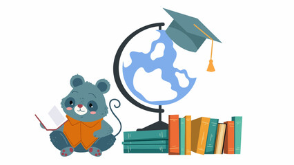 Obraz premium Cute cartoon mouse character reading a book next to a globe and stack of colorful textbooks
