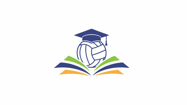 Sports Education Logo with Volleyball Wearing Graduation Cap on Open Book