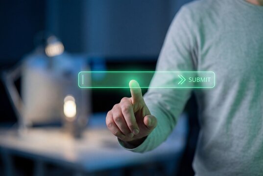 Man touching virtual search bar with submit button on digital screen interface