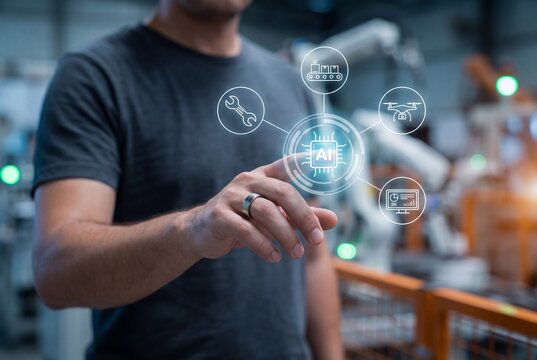 Industrial worker touching virtual AI interface with automation icons in modern smart factory