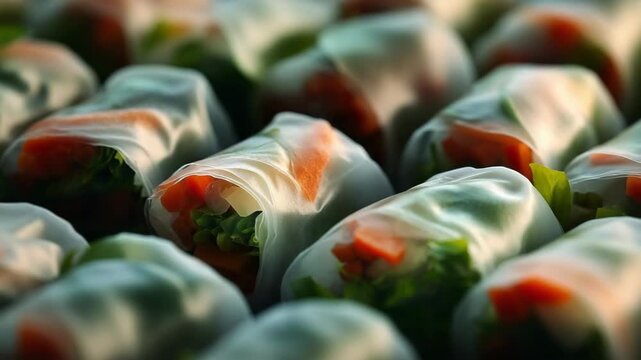 A tray of raw vegetable spring rolls wrapped in bamboo, ready to be cooked and served with dipping sauce.