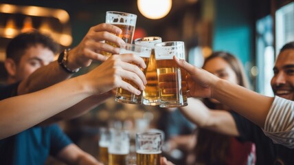 Raise a Glass: Cheers to good times and camaraderie as a group of friends clink beer glasses, sharing a moment of joy and celebration.