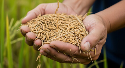 Farmer holding ripe rice grains in cupped hands close up.