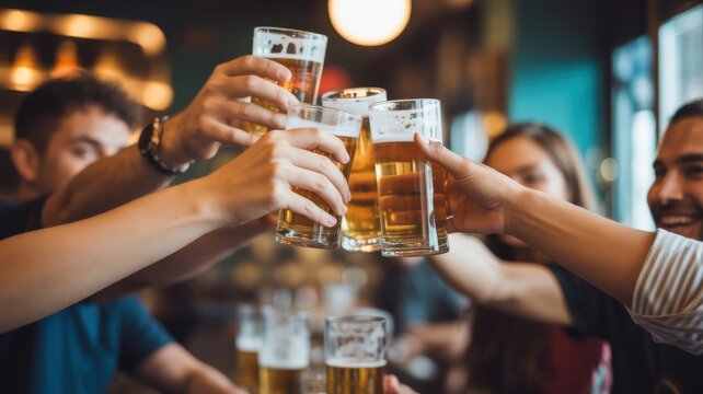 Raise a Glass: Cheers to good times and camaraderie as a group of friends clink beer glasses, sharing a moment of joy and celebration.