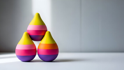 Vibrant trio of colorful wooden or plastic cones