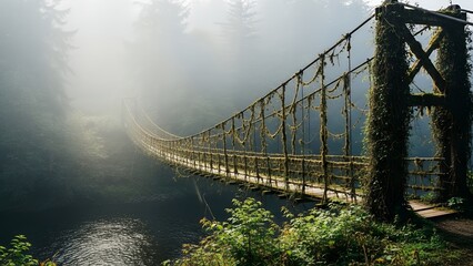 Fototapeta premium Overgrown suspension bridge surrounded by forest and river, soft fog