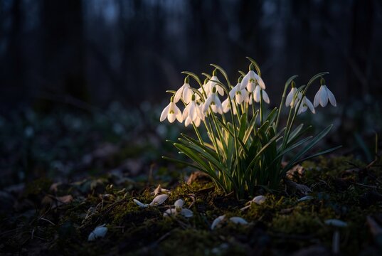Cluster of white snowdrops glowing in dramatic light on a mossy forest floor in spring