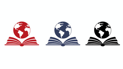 Globe over open book icon set in various colors for global learning and literacy concepts