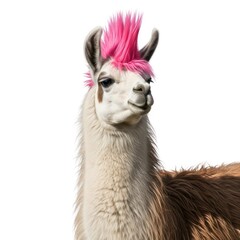 Obraz premium Close Up Portrait Of A White And Brown Llama With A Bright Pink Mohawk Hairstyle Standing Against A White Background Studio Shot