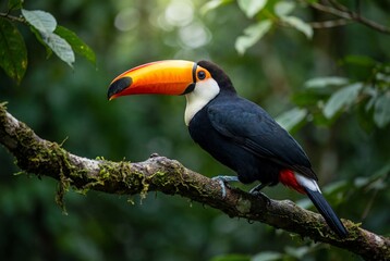 Obraz premium Toco toucan perched on a mossy branch in the tropical rainforest with green background