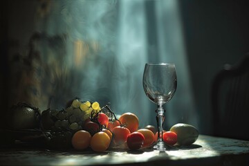 Still life arrangement with glass and fresh fruit