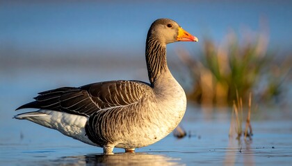 A large, grey and white waterbird stands in shallow water, its orange beak catching the sunlight. It's alert and focused, set against a blurred background