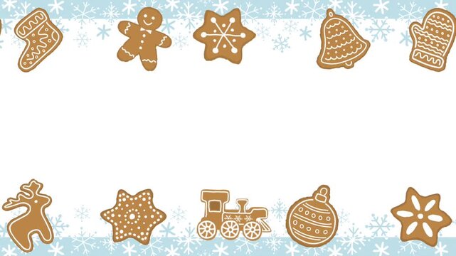 Animated Gingerbread Cookies on Blue White Snowflakes Border. Christmas Loop  Animation. Christmas Cookies. Deer, Train, Glove, Sock, Gingerbread Man, Heart, Star, Ornaments. Video in Blue, Brown, Whi