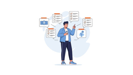 Modern man managing multiple digital tasks and messages through smartphone technology