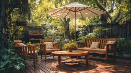 Obraz premium Wooden chairs and a table sit under a large umbrella in a backyard. Lush plants and trees surround the seating area creating a cozy space for relaxation.