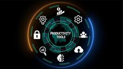 Productivity tools concept with workflow optimization icons, task management symbols, and digital performance enhancement interface in modern HUD style.
