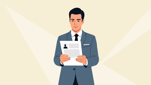 Professional businessman holding a resume or CV with confident expression and formal attire in an