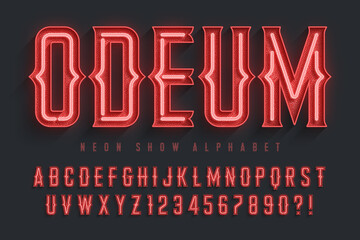 Retro circus alphabet design, cabaret, fairy neon lamps letters and numbers. © Aleksandr