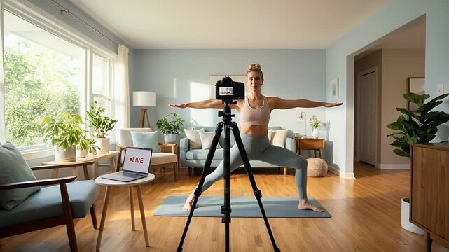 Healthy Young Woman Streaming Live Online Yoga Class from Home for Wellness.