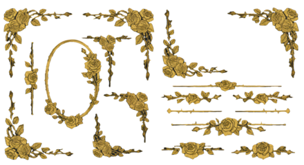 Intricate gold vector illustrations of ornamental rose vine design elements, featuring frames, dividers, blossoms, leaves, and thorny stems, isolated on a white background, concept of luxurious