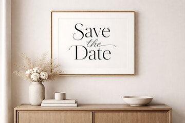 Frame with save the date text hanging on wall above wooden cabinet with vase bouquet and decorative items. Celebration planning decorative design.
