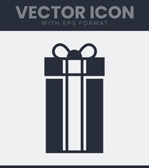 Black gift box icon silhouette with ribbon bow for holiday celebration birthday surprise present shopping package delivery. Vector illustration
