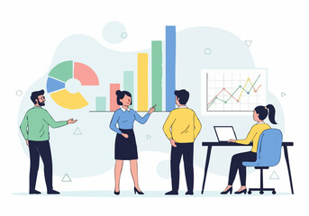 A professional business team of successful businessmen and businesswomen silhouettes work together in front of a financial graph and city building vector illustration