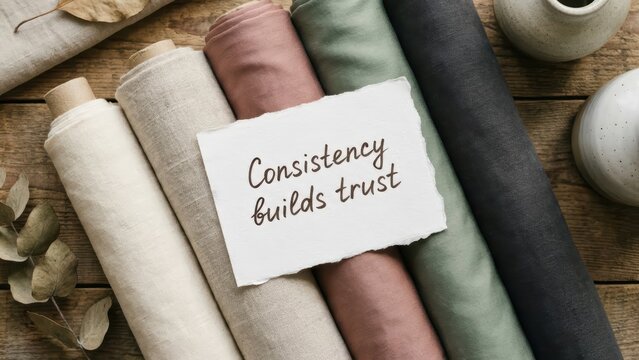 Flat lay of fabric rolls with handwritten trust message