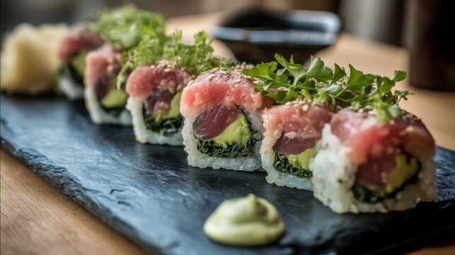 A close-up of gourmet sushi rolls featuring fresh tuna, avocado, and topped with microgreens. This luxurious dish is artfully presented on a slate platter, perfect for upscale dining environments. - Powered by Adobe