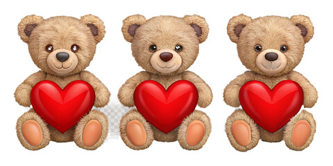 Three brown teddy bears holding red hearts on white background isolated on a transparent background heart shaped