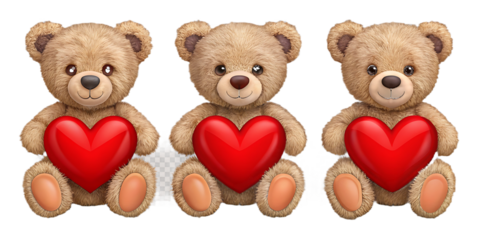 Three brown teddy bears holding red hearts on white background isolated on a transparent background heart shaped