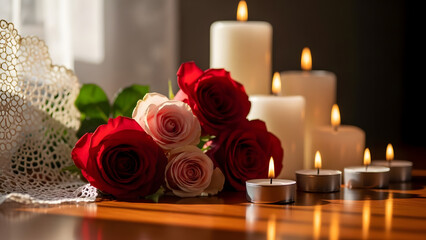 Romantic Ambiance with Red Roses and a Row of Glowing Candles on a Wooden Surface