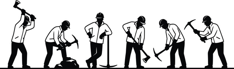 Manual labor worker silhouette set showing construction mining workers using pickaxe shovel tools working poses isolated on white background vector illustration © Tanjimul