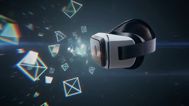 VR headset glowing abstract futuristic geometric light effects on dark background