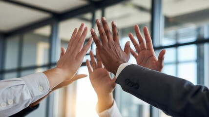 Reaching for Collaboration: A group of hands, representing diverse individuals, engage in a high five gesture, symbolizing unity, collaboration, and shared success.