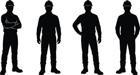 Construction worker silhouette set showing professional builders wearing safety helmets standing confident poses isolated on white background vector illustration