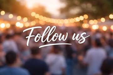 Follow us text on blurred background of string lights and crowd. Social media engagement and content marketing concept for digital promotion.
