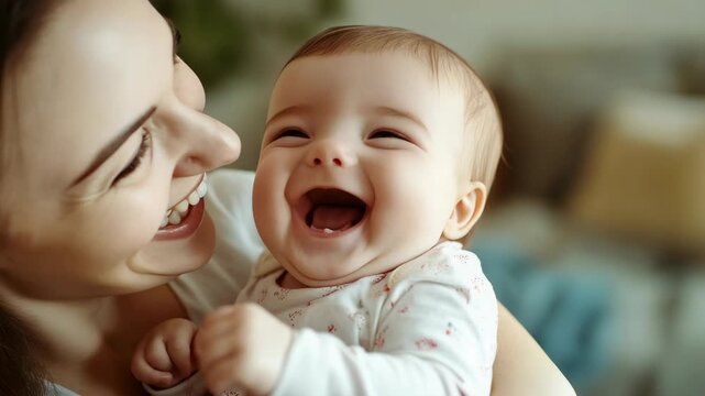 A smiling baby and its mother sharing a joyful moment.