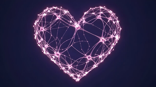 Glowing digital heart shape made of pink network connections and dots on dark background for futuristic valentine technology - Powered by Adobe