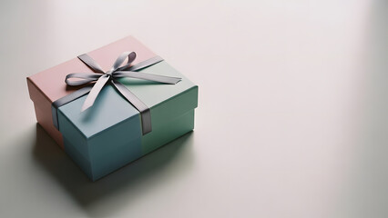 Obraz premium Elegant pastel color block gift box with a grey ribbon bow on a neutral surface with copy space for text