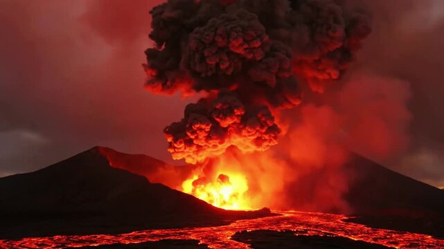 Massive volcanic eruption with towering ash cloud and flowing lava under red sky