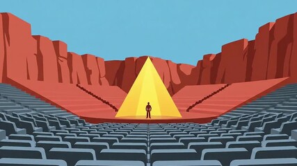 An outdoor performance venue in a desert canyon setting with a single figure on stage