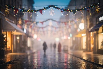 City street decorated with festive string lights and colorful bokeh, blurred background with walking people. Christmas shopping and holiday season concept.