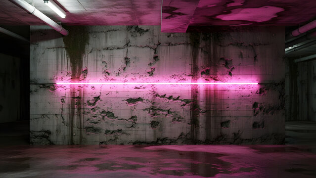 Neon pink horizontal light glowing in dark grunge concrete room for industrial valentine background